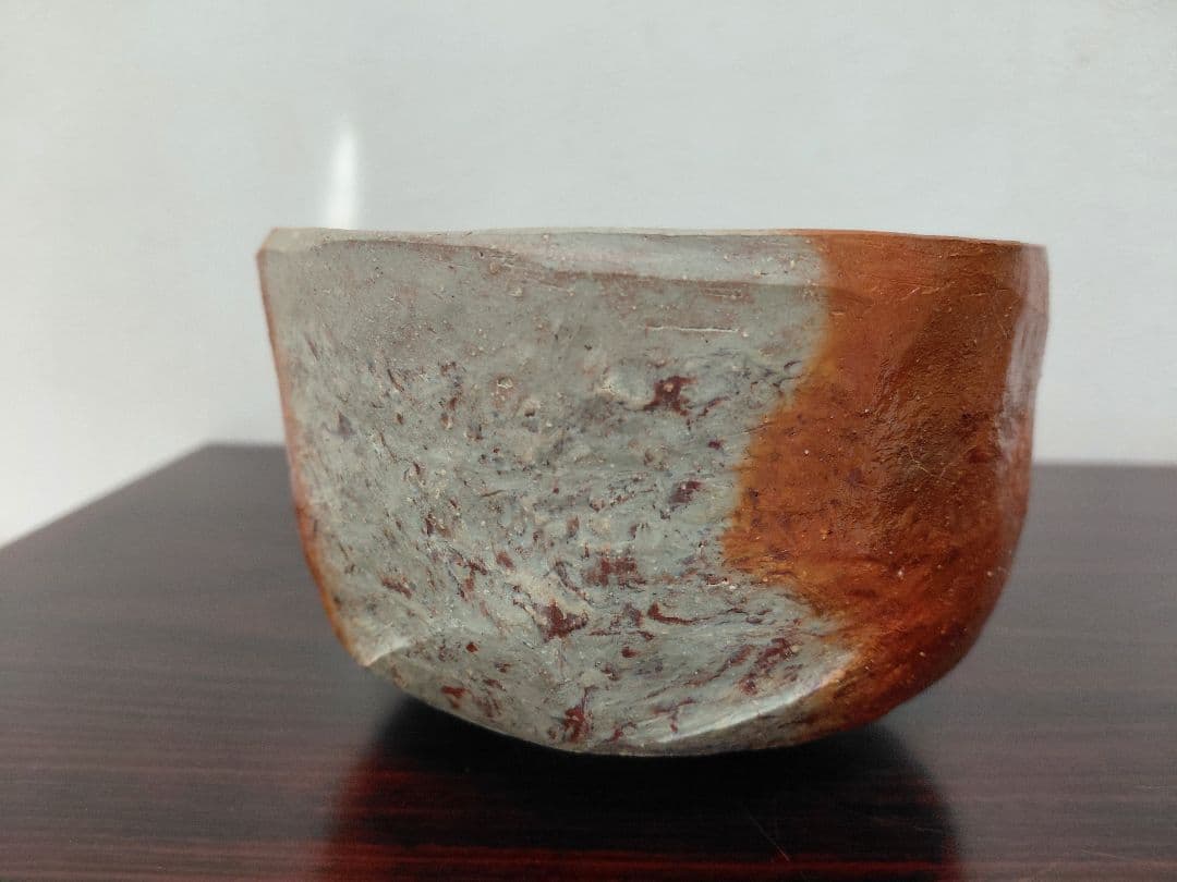 【備前焼】川端文男 備前 自然練込茶碗 共箱 共布 陶歴 茶道具