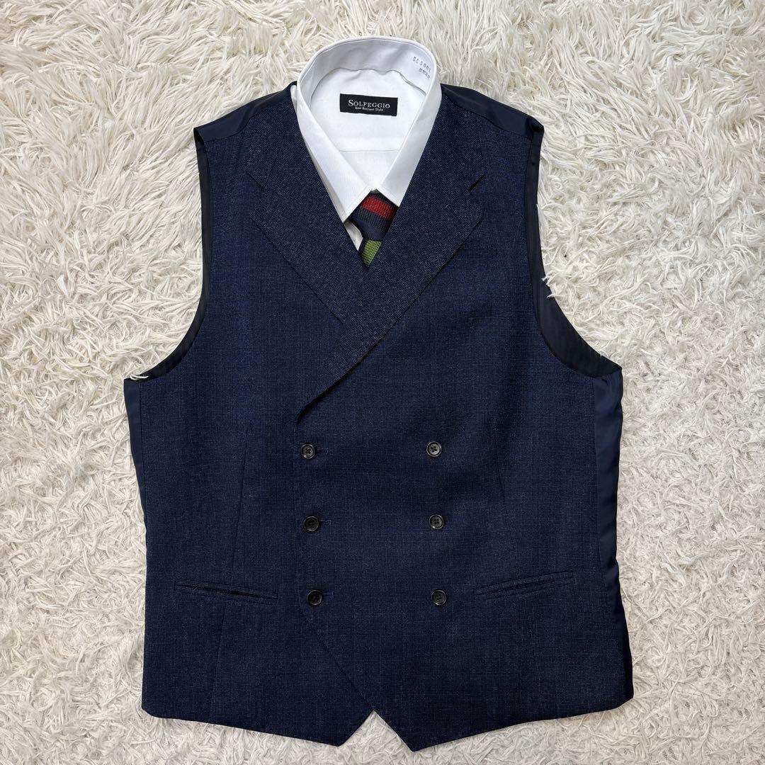 美品☆【タカキュー】ダブルベスト　ピンチェック　3ピース　ネイビー　Y4 S〜M