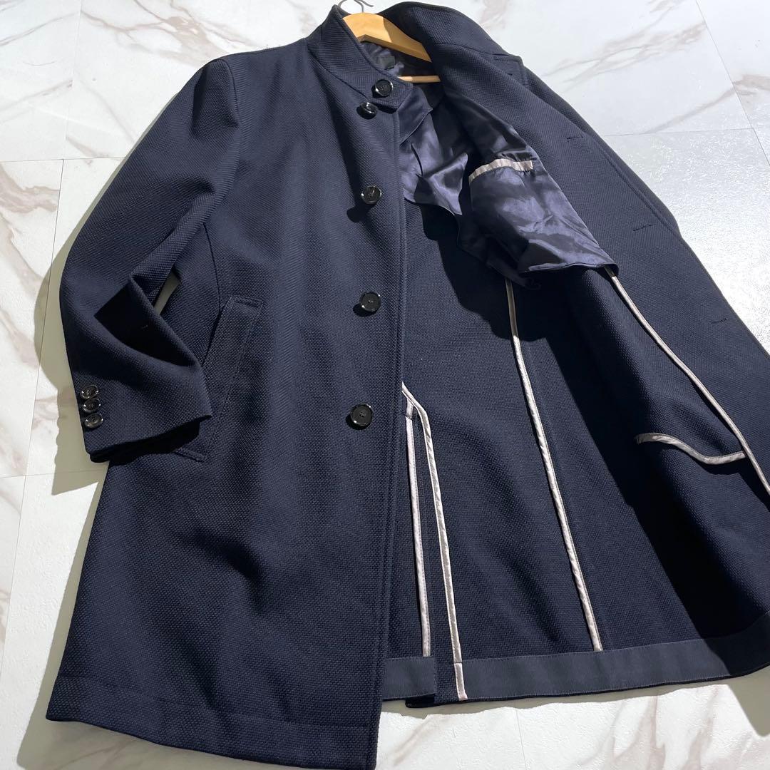 極美品✨ ヒューゴボス スタンドカラー コート ウール素材 L相当 ネイビー