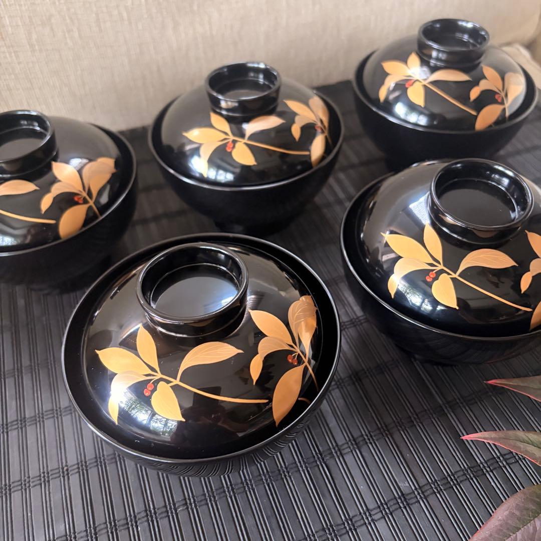 【未使用保管品】高級吸物椀 越前漆器 高台小槌 天然木 本漆塗 薮こうじ 5客