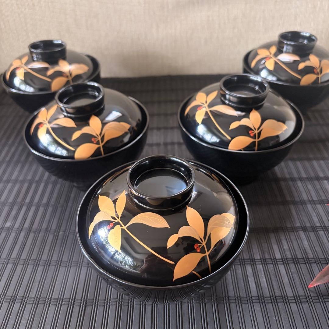 【未使用保管品】高級吸物椀 越前漆器 高台小槌 天然木 本漆塗 薮こうじ 5客