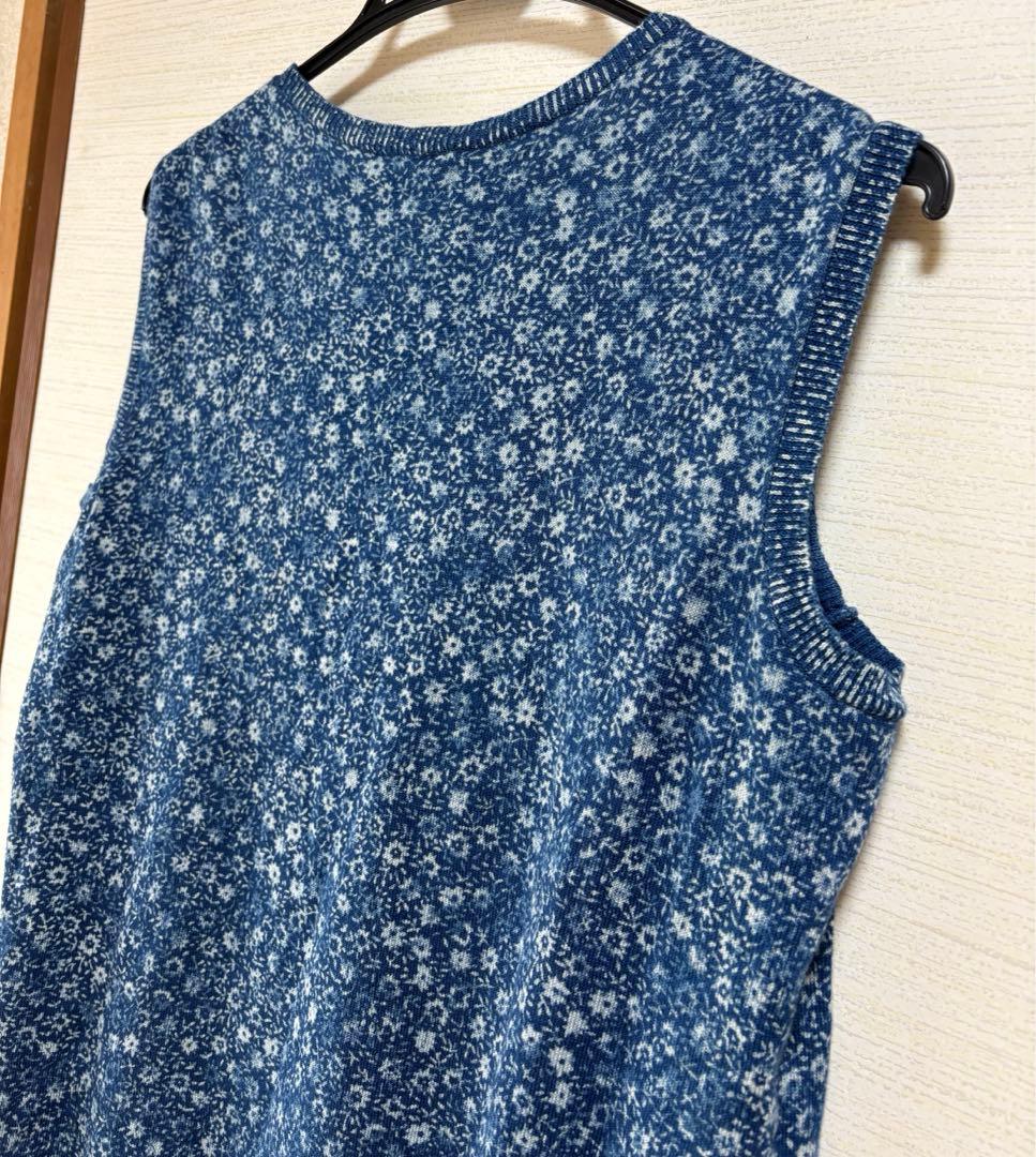 45R フラワープリント　ブルー　コットン　ニット　ベスト