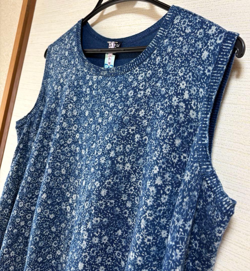 45R フラワープリント　ブルー　コットン　ニット　ベスト