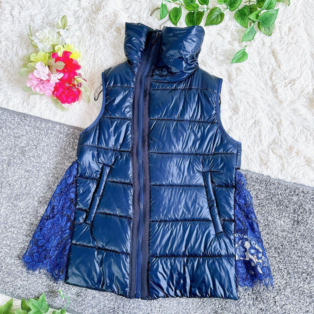 サカイ ダウンベスト　中綿　レース　ドッキング　再構築　ネイビー　レディース