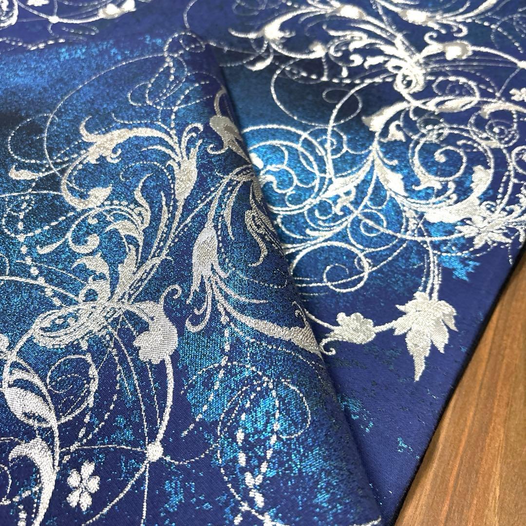 新品未使用 正絹 六通袋帯 西陣織【銀青 唐草】