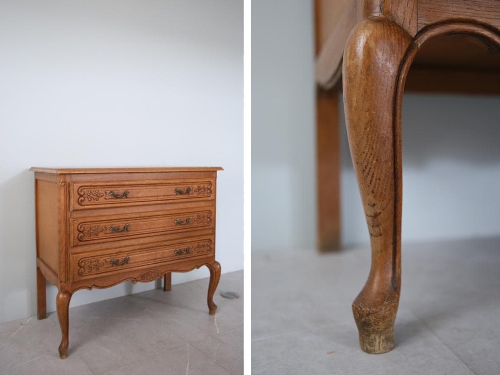 フランスアンティーク猫脚3杯ドロワー/木製チェスト/タンス/飾り棚(90-73)