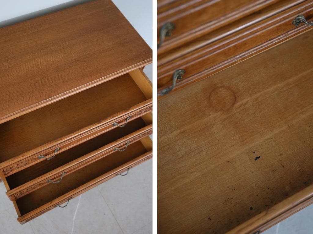 フランスアンティーク猫脚3杯ドロワー/木製チェスト/タンス/飾り棚(90-73)