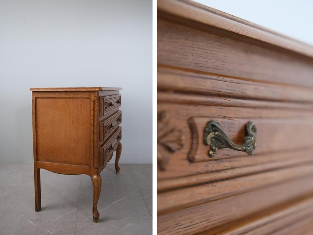 フランスアンティーク猫脚3杯ドロワー/木製チェスト/タンス/飾り棚(90-73)