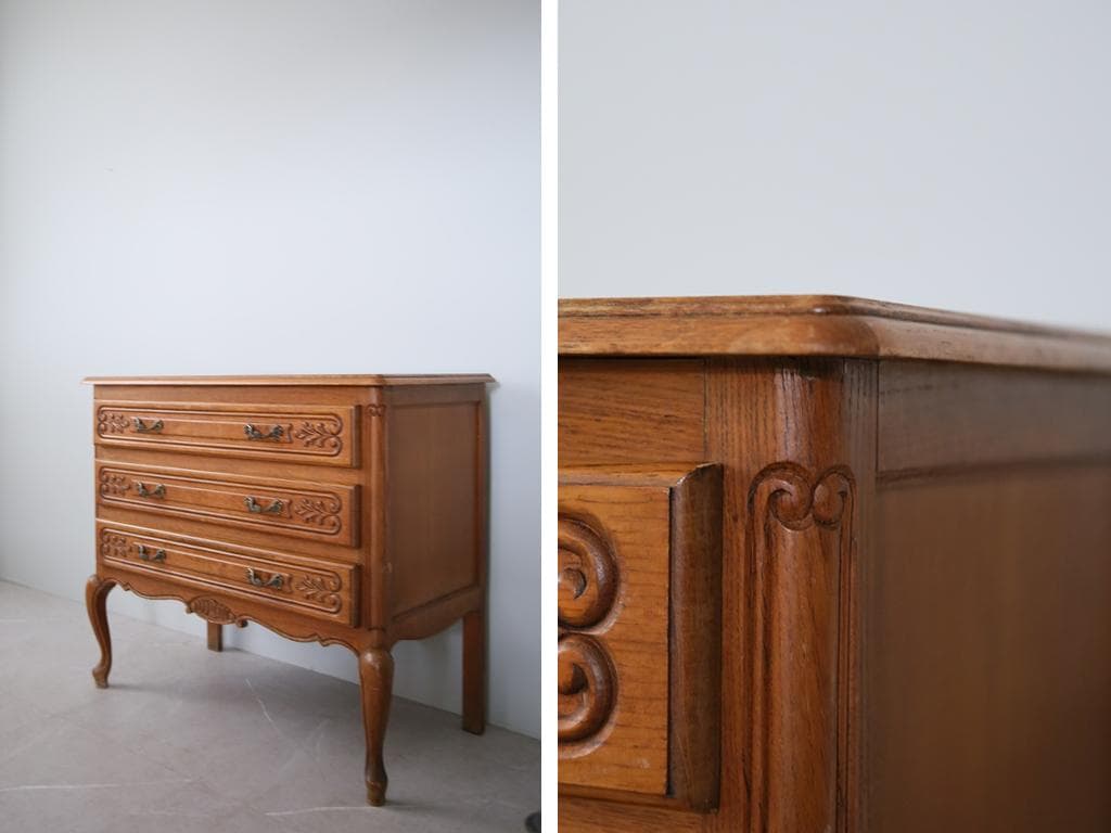 フランスアンティーク猫脚3杯ドロワー/木製チェスト/タンス/飾り棚(90-73)