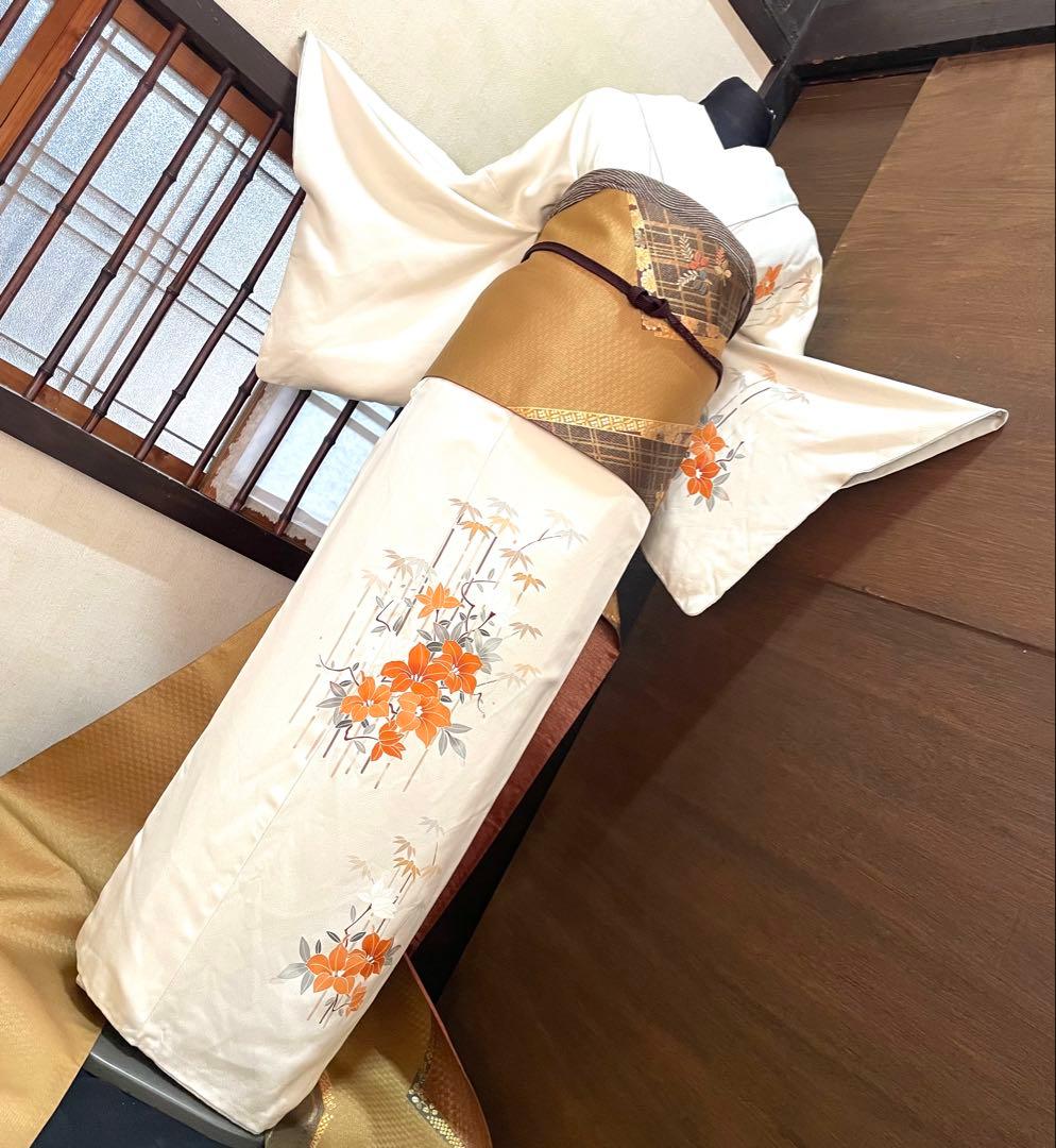 訪問着 フルセット5点サイズM〜Ｌ手描き友禅正絹　太鼓柄袋帯刺繍　草花文金糸金彩