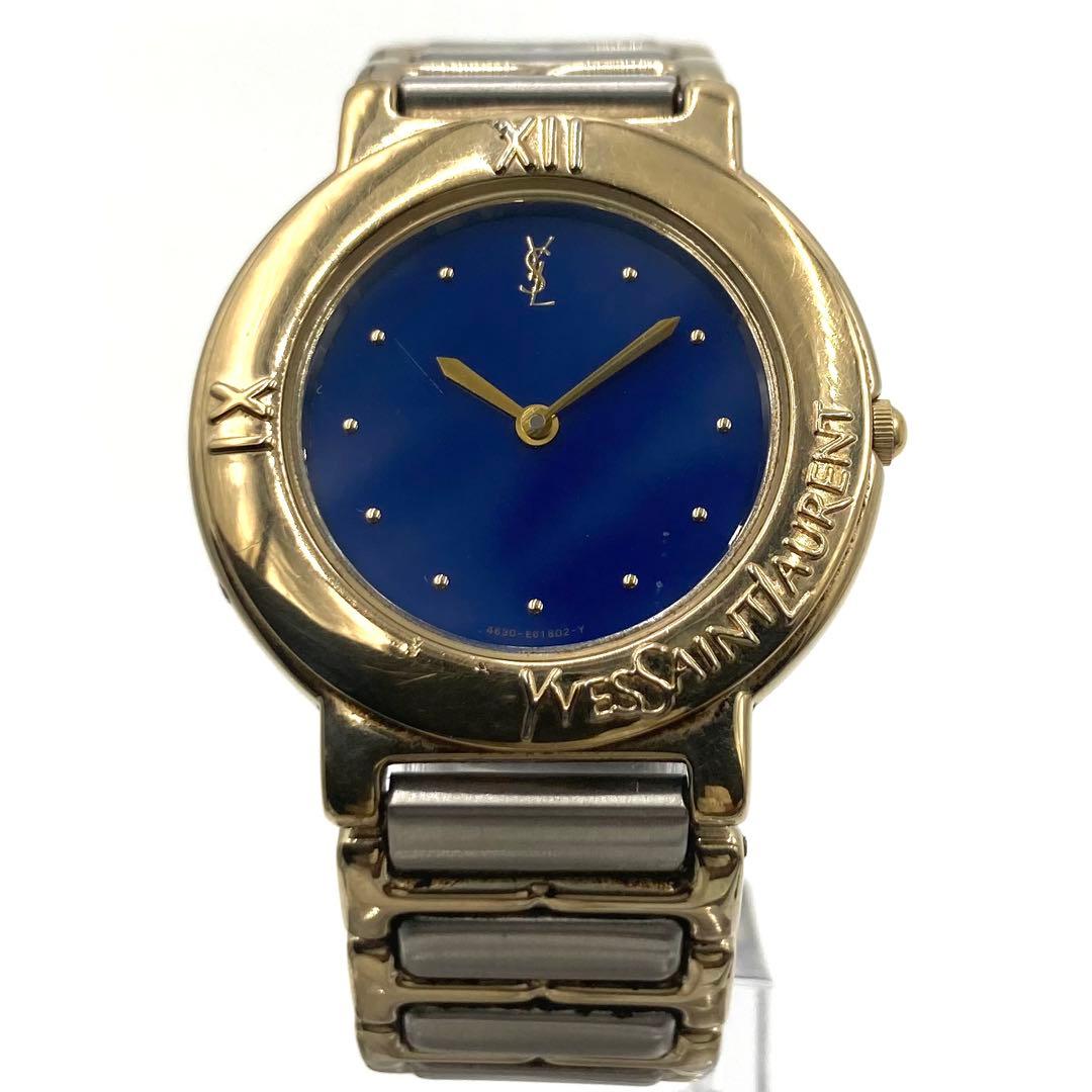 【稼動】 イヴサンローラン 腕時計 E60957Y QZ コンビカラー 青文字盤