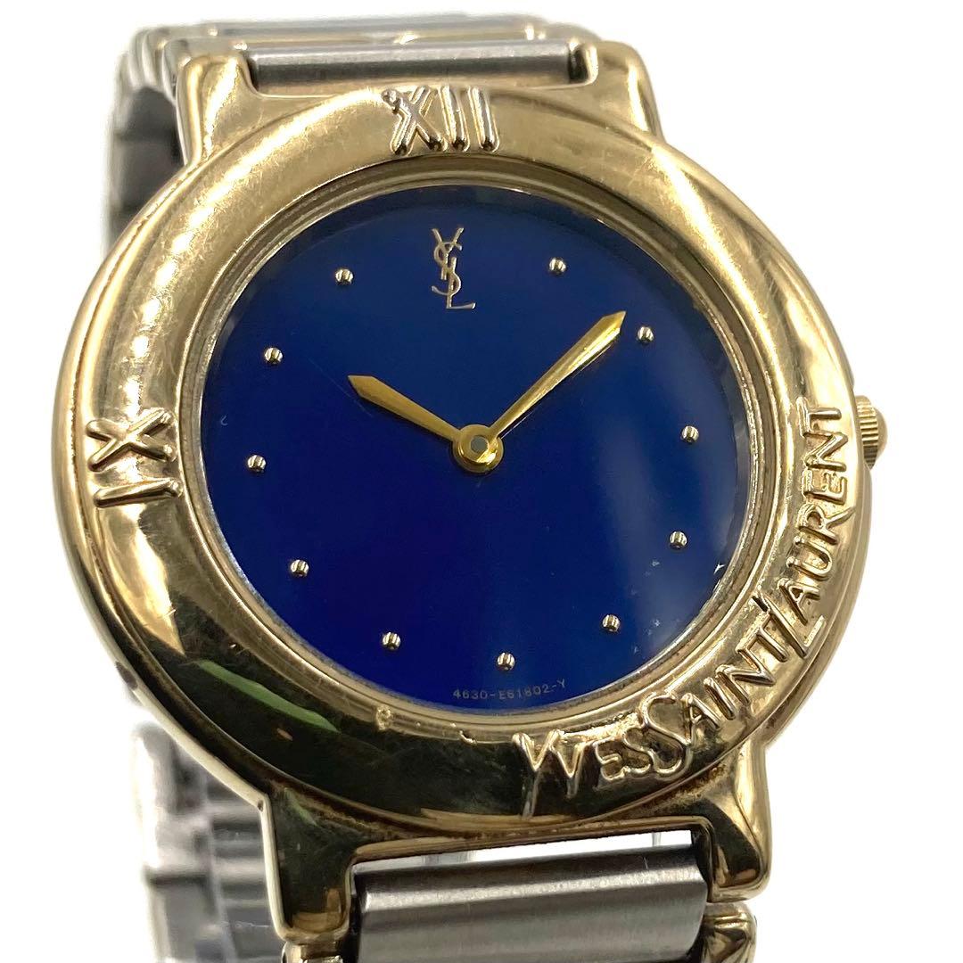 【稼動】 イヴサンローラン 腕時計 E60957Y QZ コンビカラー 青文字盤
