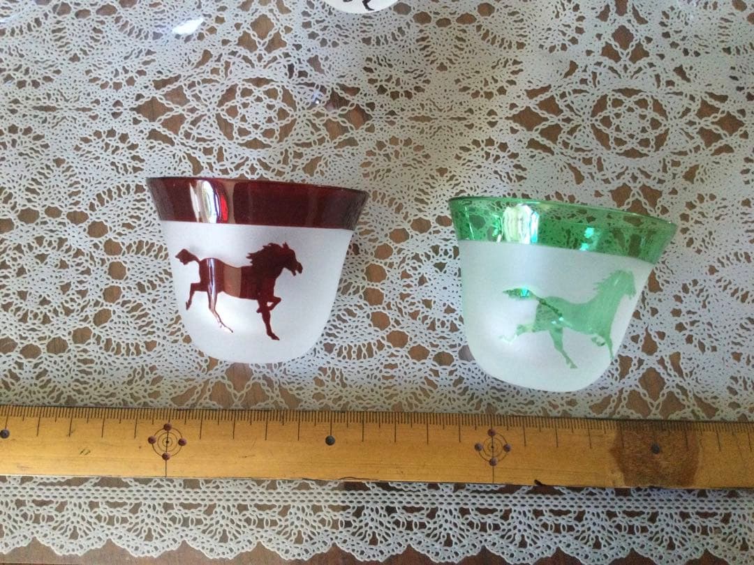 馬柄ガラス酒盃、サンドブラスト　5個セット