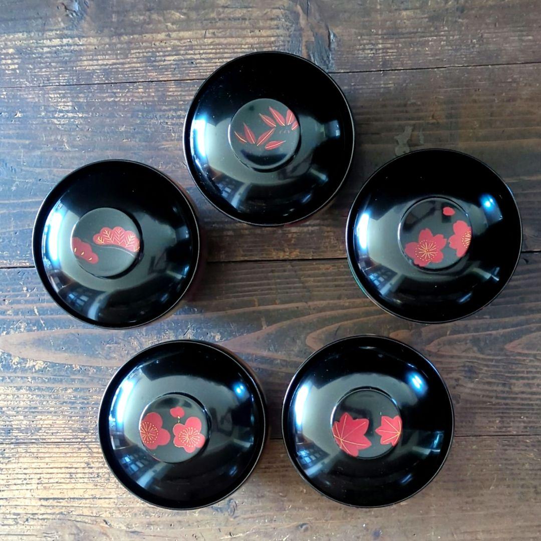 京都美術　漆芸作家　作家もの　山中漆器　草花絵変わり　雑煮椀　吸物椀　黒　5客揃