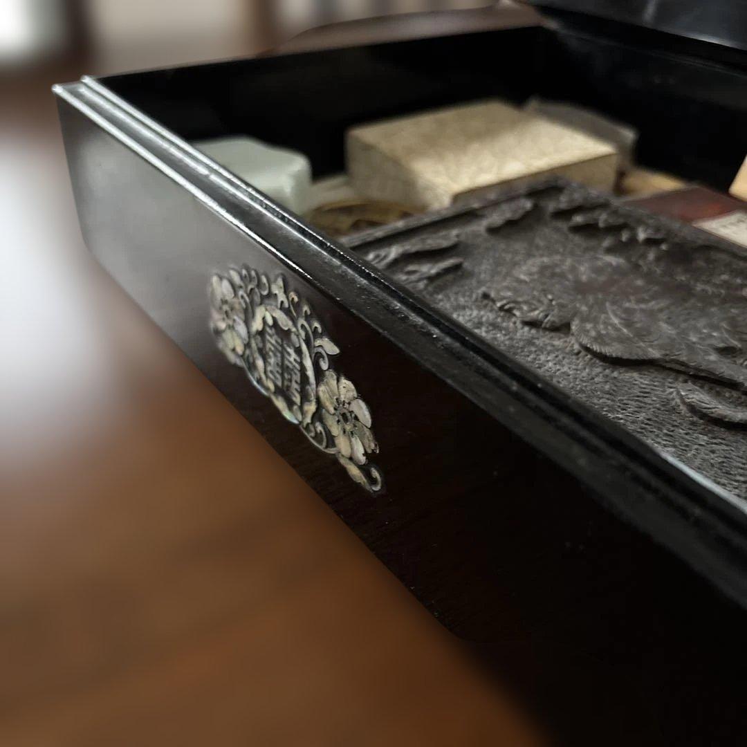 宮*中様 漆器文箱 貝殻細工 鶴　螺鈿細工漆塗り小物入れ　硯箱 すずり箱 螺鈿（