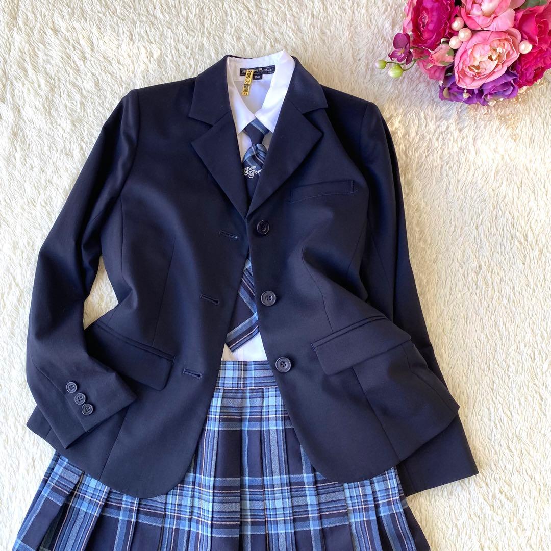 ポンポネット　卒服　卒業式　フォーマル　４点セット　150 青チェック　ネクタイ