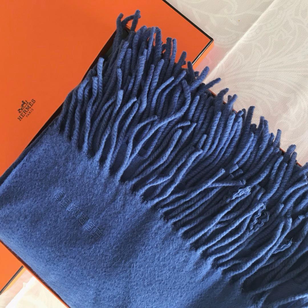 エルメス ウール ストール 青色 フリンジ付き