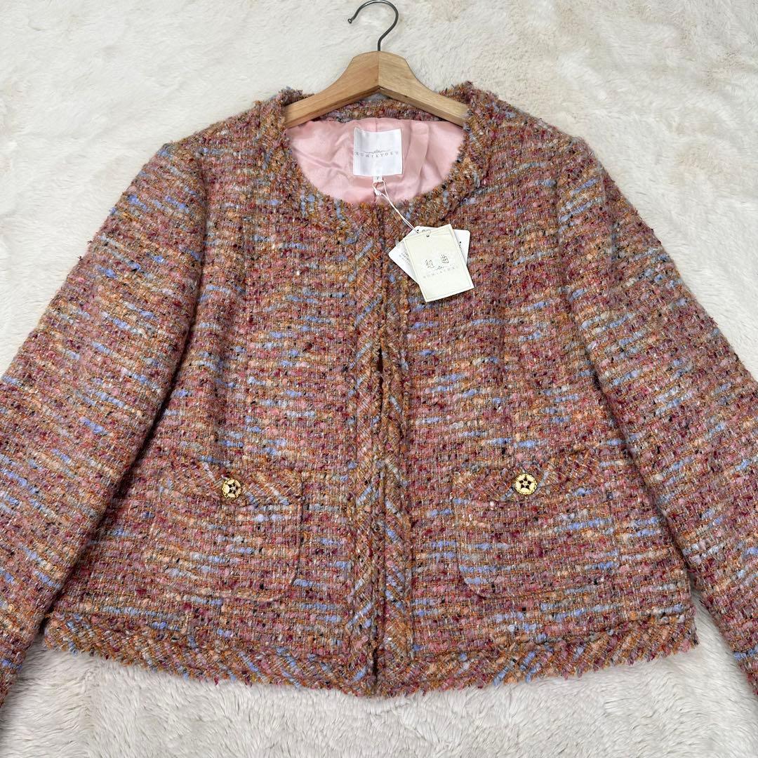 新品✨組曲 大きいサイズ7 ツイード ノーカラージャケット 19号 4L モヘヤ