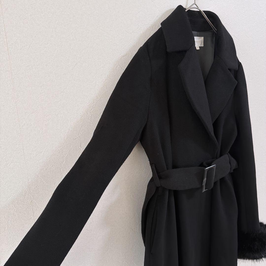 リエンダ ロングコート ウール混 バックボタン ファー 高級感 ブラック 冬 M