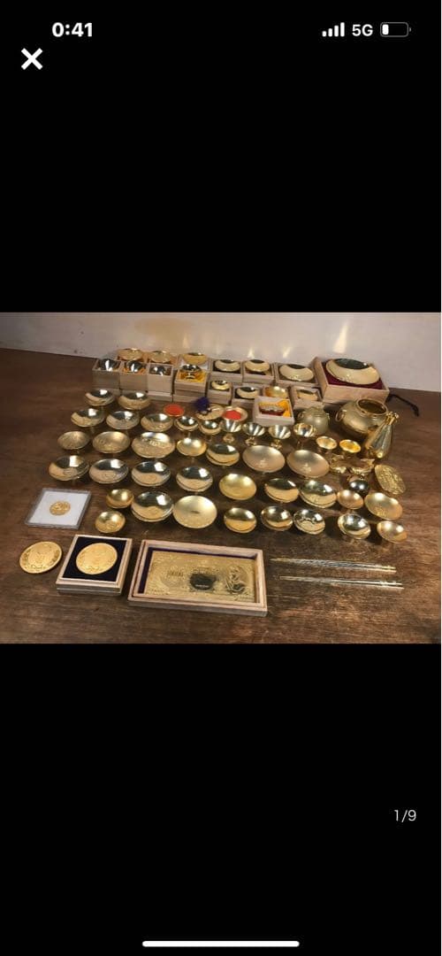 まとめ売り24KGP金杯。記念メダル金箸、茶釜，香炉全部で約60個以上あります
