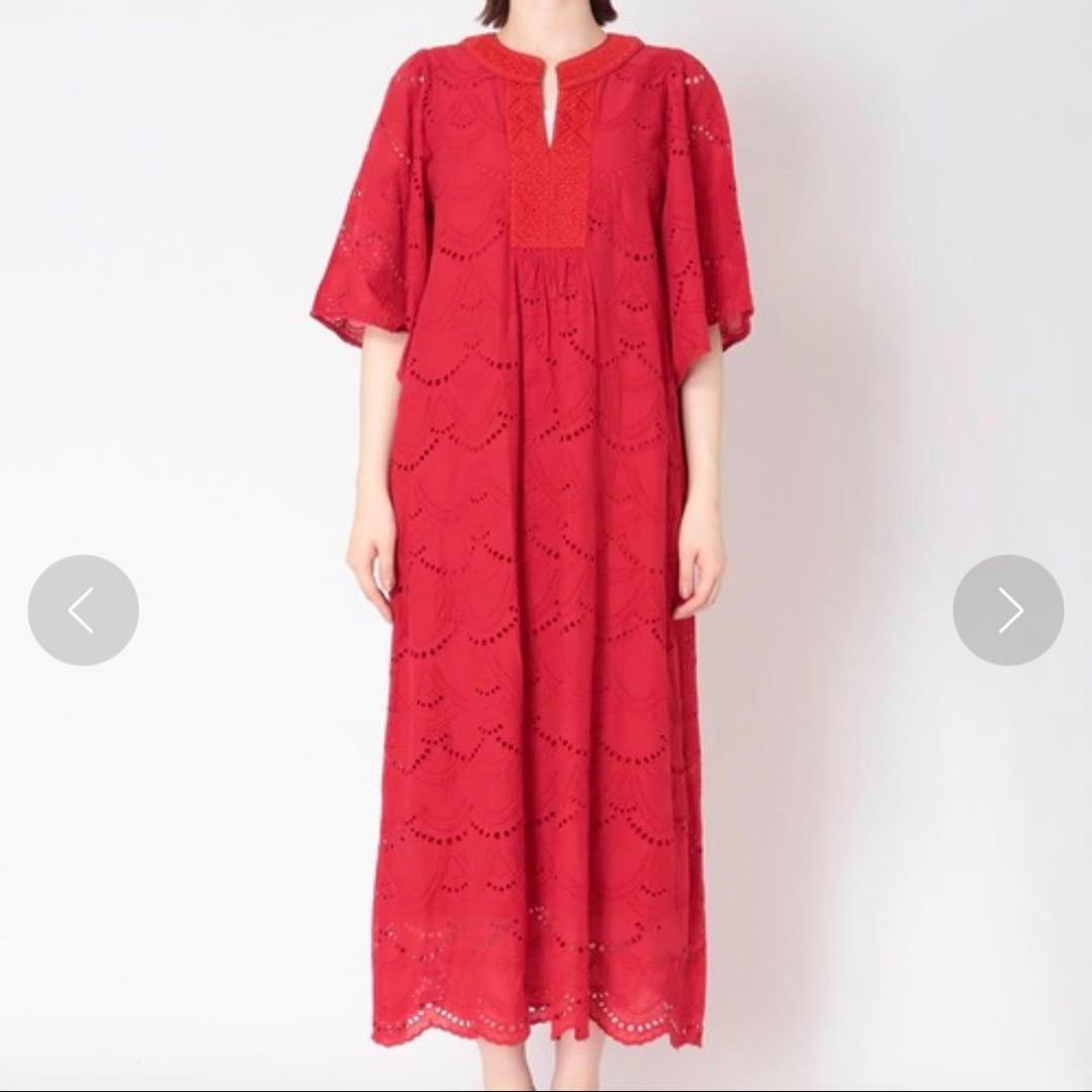 ヌキテパ コットン ボイル ドットヘムラ レース ワンピース マキシ丈 紅 近年