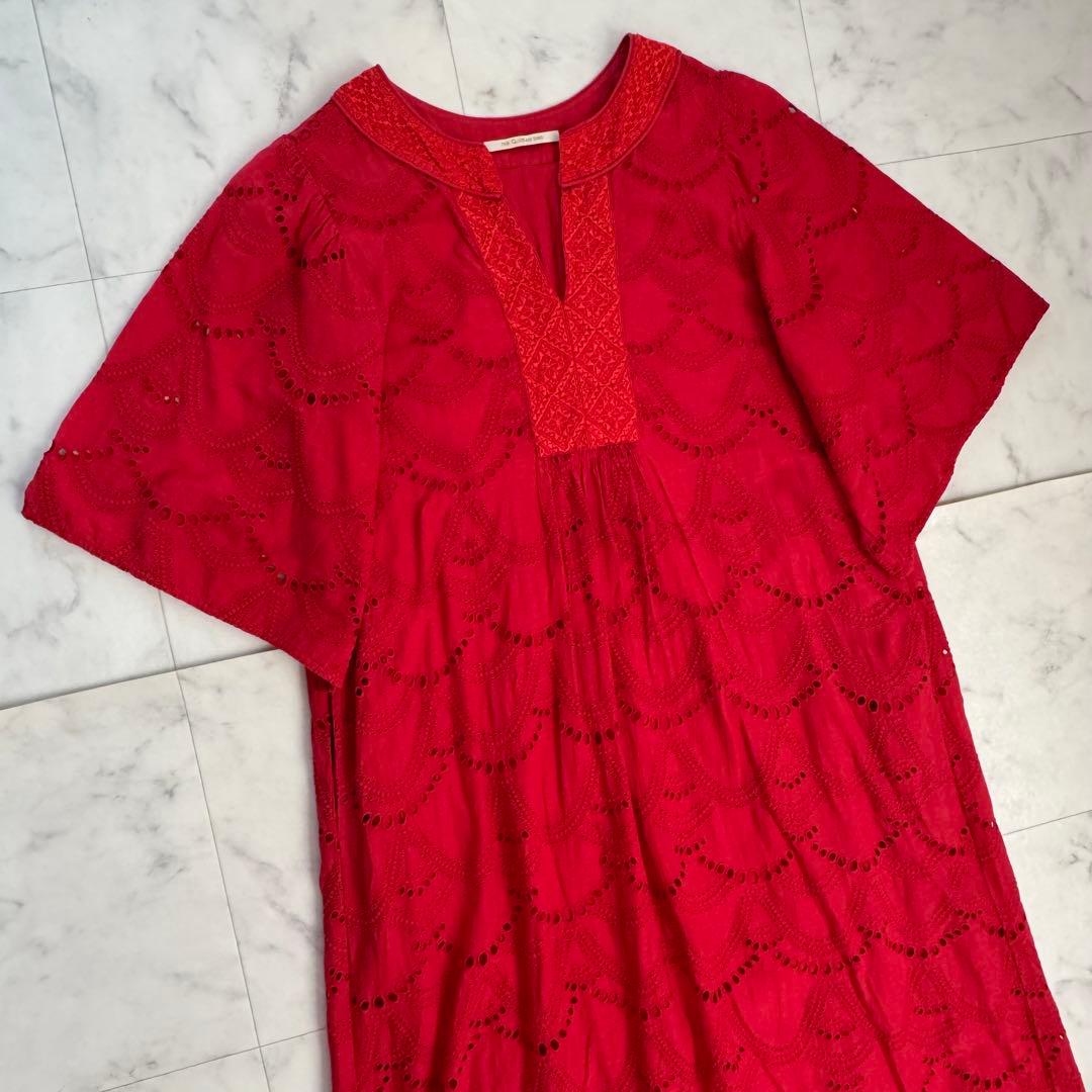 ヌキテパ コットン ボイル ドットヘムラ レース ワンピース マキシ丈 紅 近年