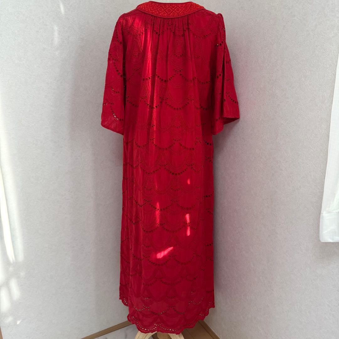 ヌキテパ コットン ボイル ドットヘムラ レース ワンピース マキシ丈 紅 近年