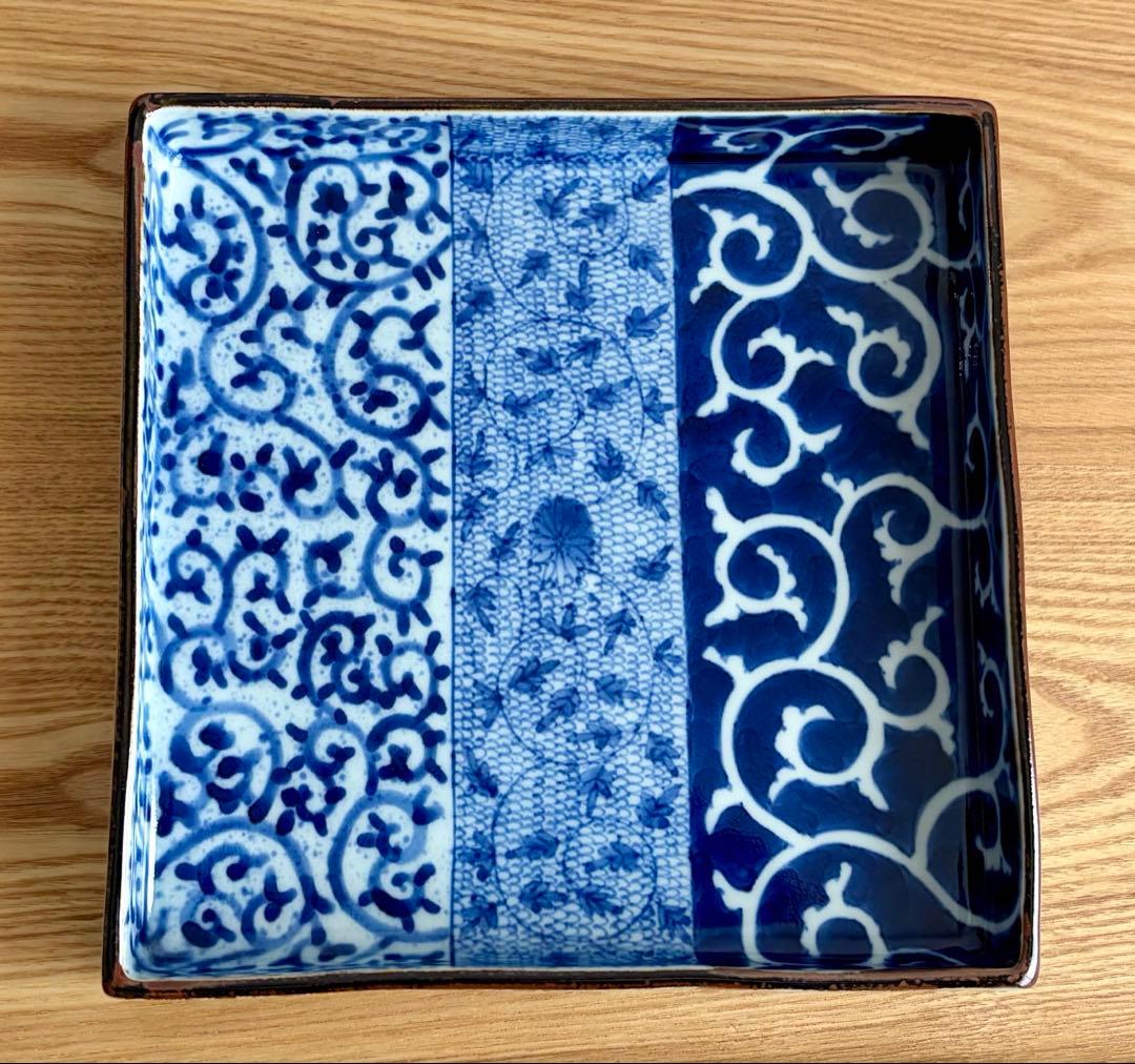 送料込み☆福泉窯　唐草描分け　7寸正角皿
