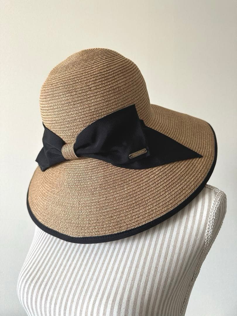 美品　芦屋ロサブラン　麦わら帽子　リボン　Mサイズ　つば広　完全遮光