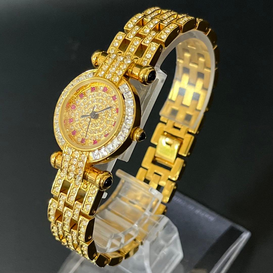 【極美品】ルイラーセル　天然ルビー＆クリスタル 24K金メッキ 腕時計