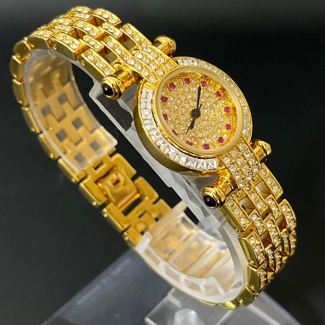 【極美品】ルイラーセル　天然ルビー＆クリスタル 24K金メッキ 腕時計