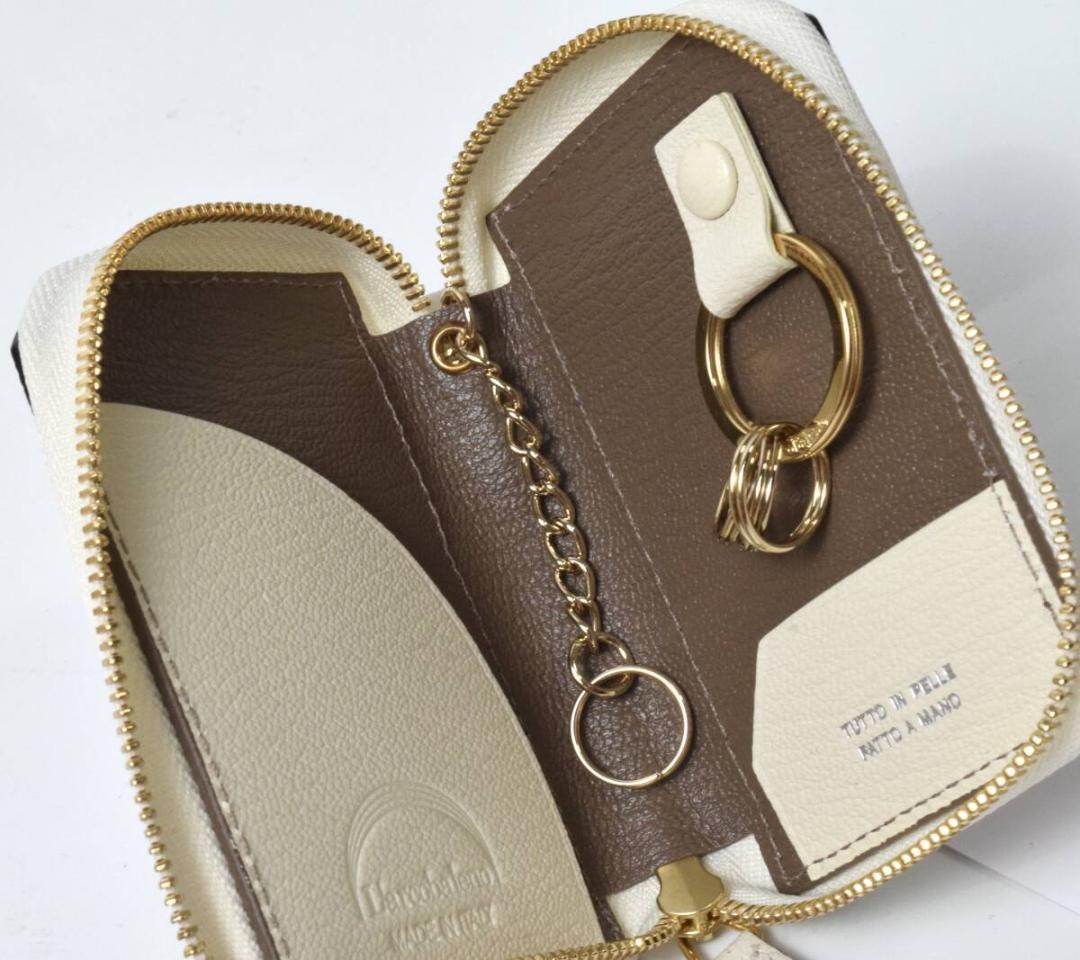 新品 ラルコバレーノ スマートWキーケース やぎ革 ホワイト トープ イタリア製