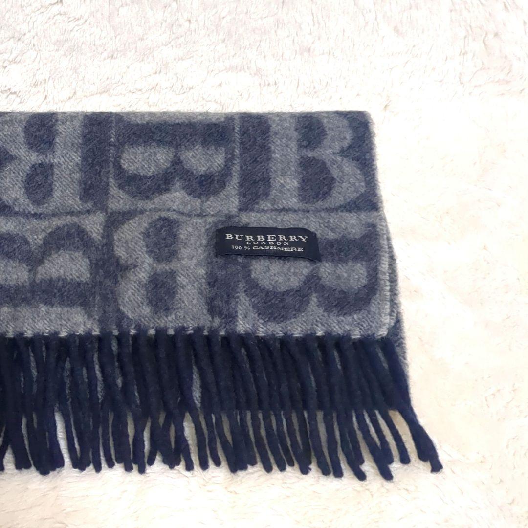 美品✨BURBERRY LONDON カシミヤ マフラー Bロゴ 総柄 紺