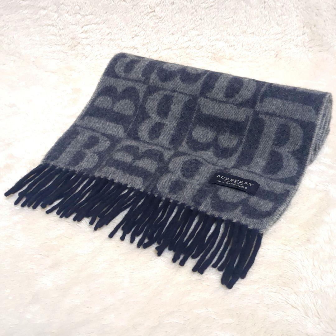 美品✨BURBERRY LONDON カシミヤ マフラー Bロゴ 総柄 紺