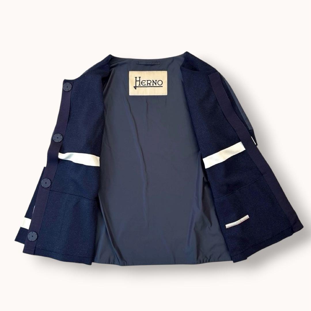 美品♪ヘルノ L ノーカラージャケット 切り替え ボーダー ネイビー ホワイト