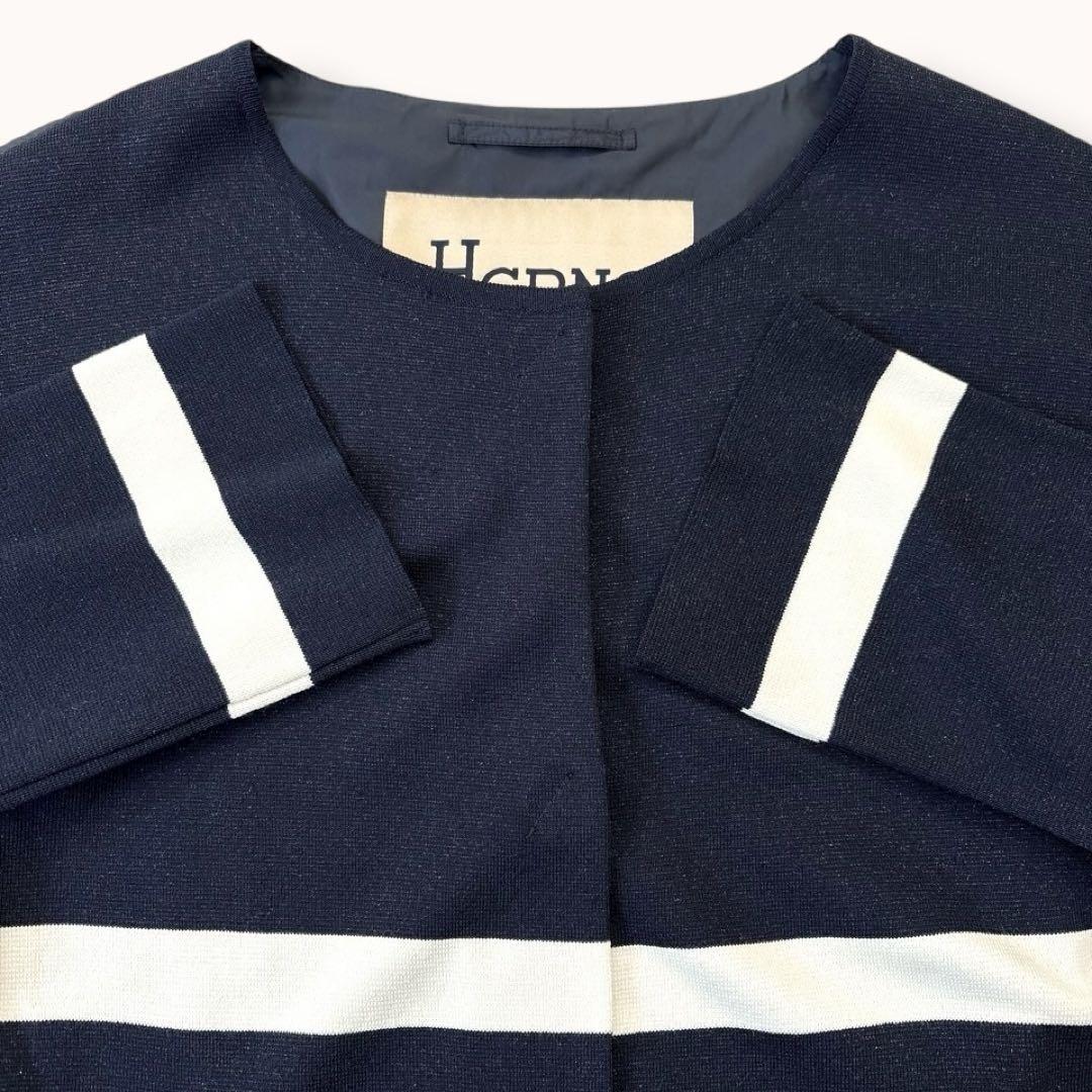 美品♪ヘルノ L ノーカラージャケット 切り替え ボーダー ネイビー ホワイト