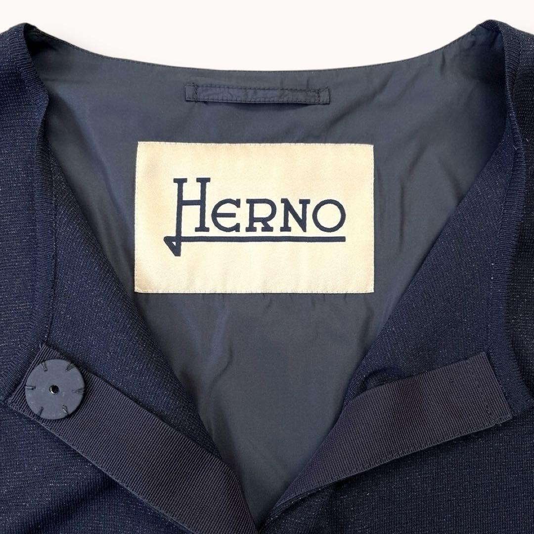 美品♪ヘルノ L ノーカラージャケット 切り替え ボーダー ネイビー ホワイト