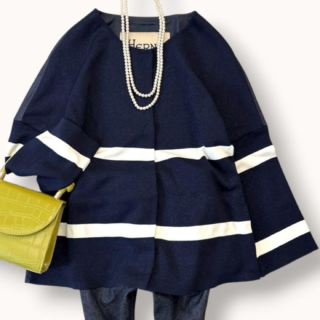 美品♪ヘルノ L ノーカラージャケット 切り替え ボーダー ネイビー ホワイト