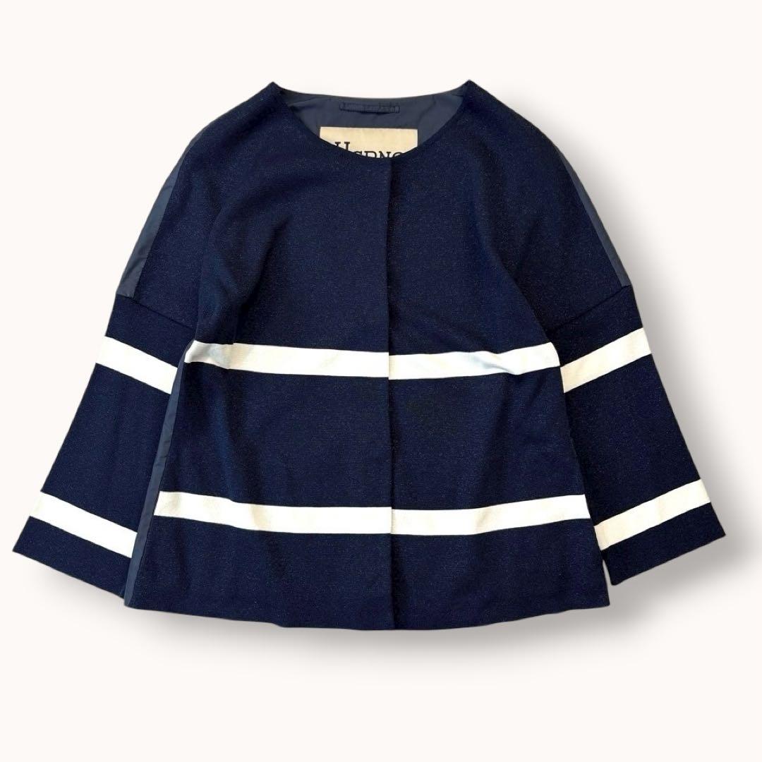 美品♪ヘルノ L ノーカラージャケット 切り替え ボーダー ネイビー ホワイト