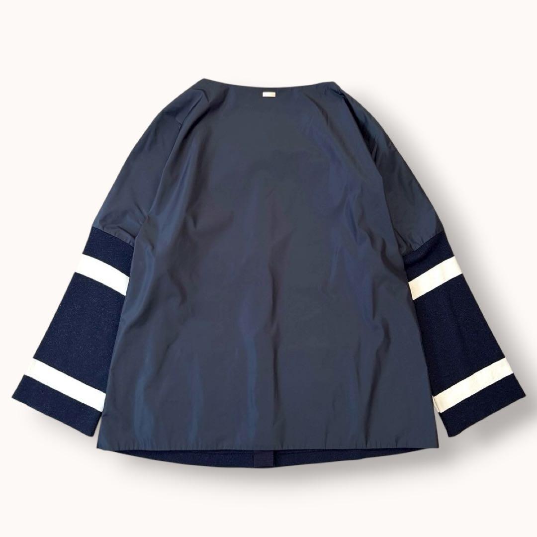 美品♪ヘルノ L ノーカラージャケット 切り替え ボーダー ネイビー ホワイト