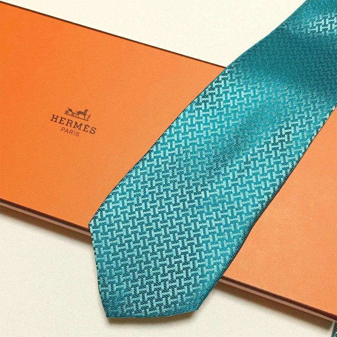 未使用級 H織りタイ ファソネH H柄 エルメス HERMES ネクタイ ブルー