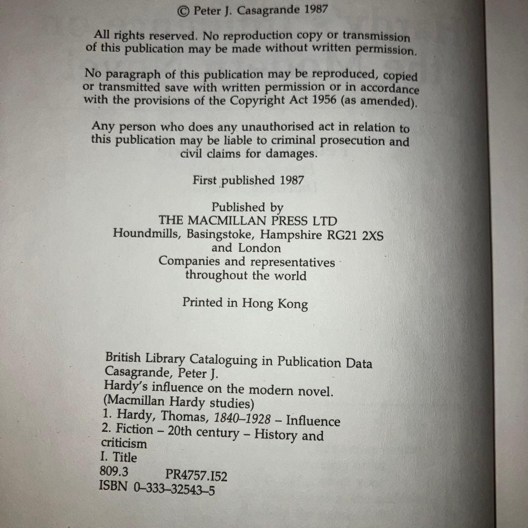 洋書 HARDY'S INFLUENCE ON THE MODERN NOVEL