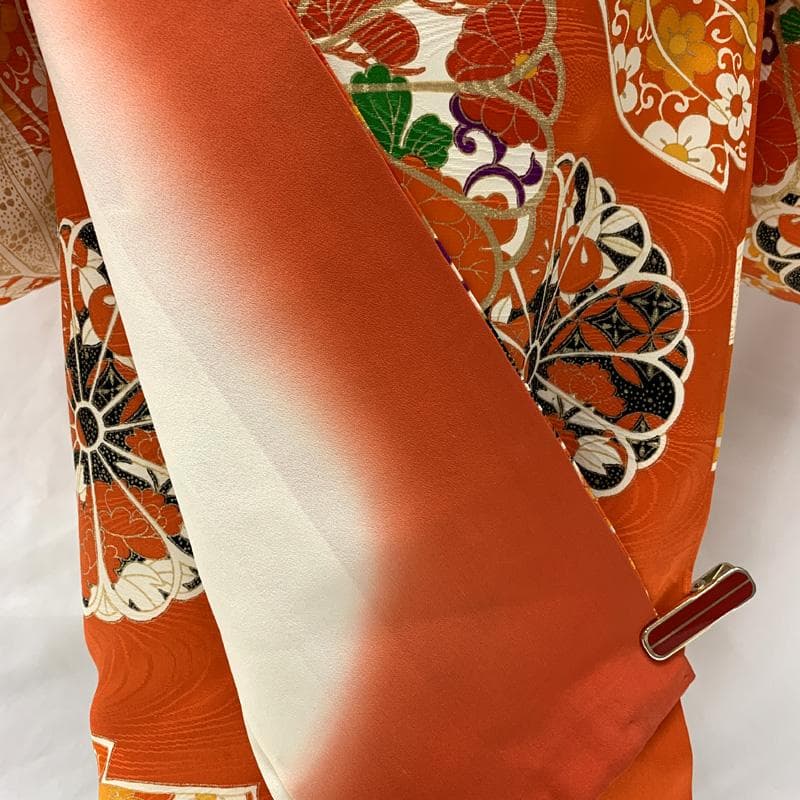 601ag45□七五三 小柄な七歳 女児 着物&袋帯 金彩 菊 オレンジ□美品