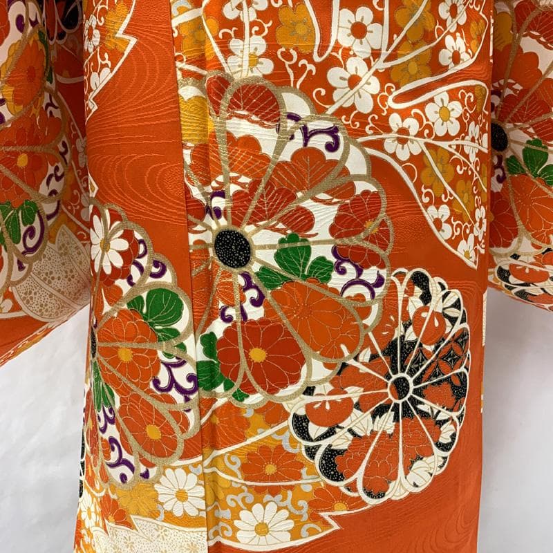 601ag45□七五三 小柄な七歳 女児 着物&袋帯 金彩 菊 オレンジ□美品