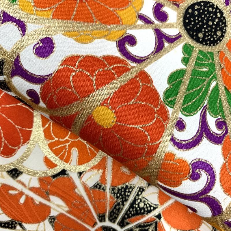 601ag45□七五三 小柄な七歳 女児 着物&袋帯 金彩 菊 オレンジ□美品