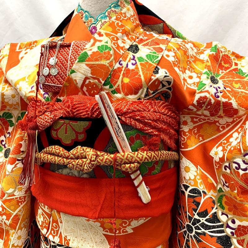 601ag45□七五三 小柄な七歳 女児 着物&袋帯 金彩 菊 オレンジ□美品