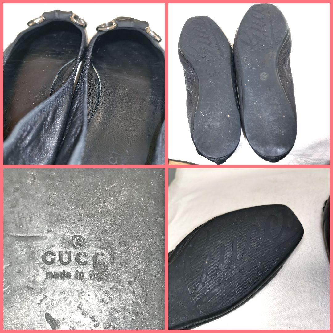 【良品】黒グッチGUCCIバンブーホースビット37.5フラットシューズ24.5