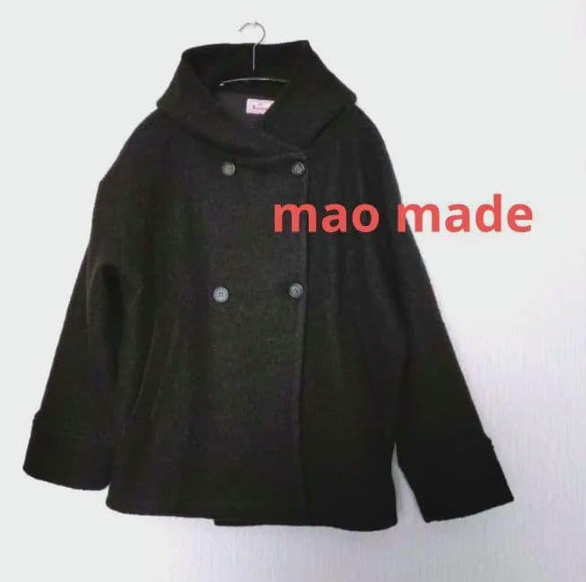 【専用】マオメイド 圧縮ウールダブルボタンミドル丈フーディジャケット　黒