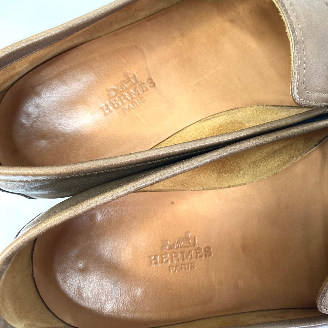 エルメス　パンチングHロゴ　ローファー　ビジネスシューズ　ブラウン　ベージュ　靴