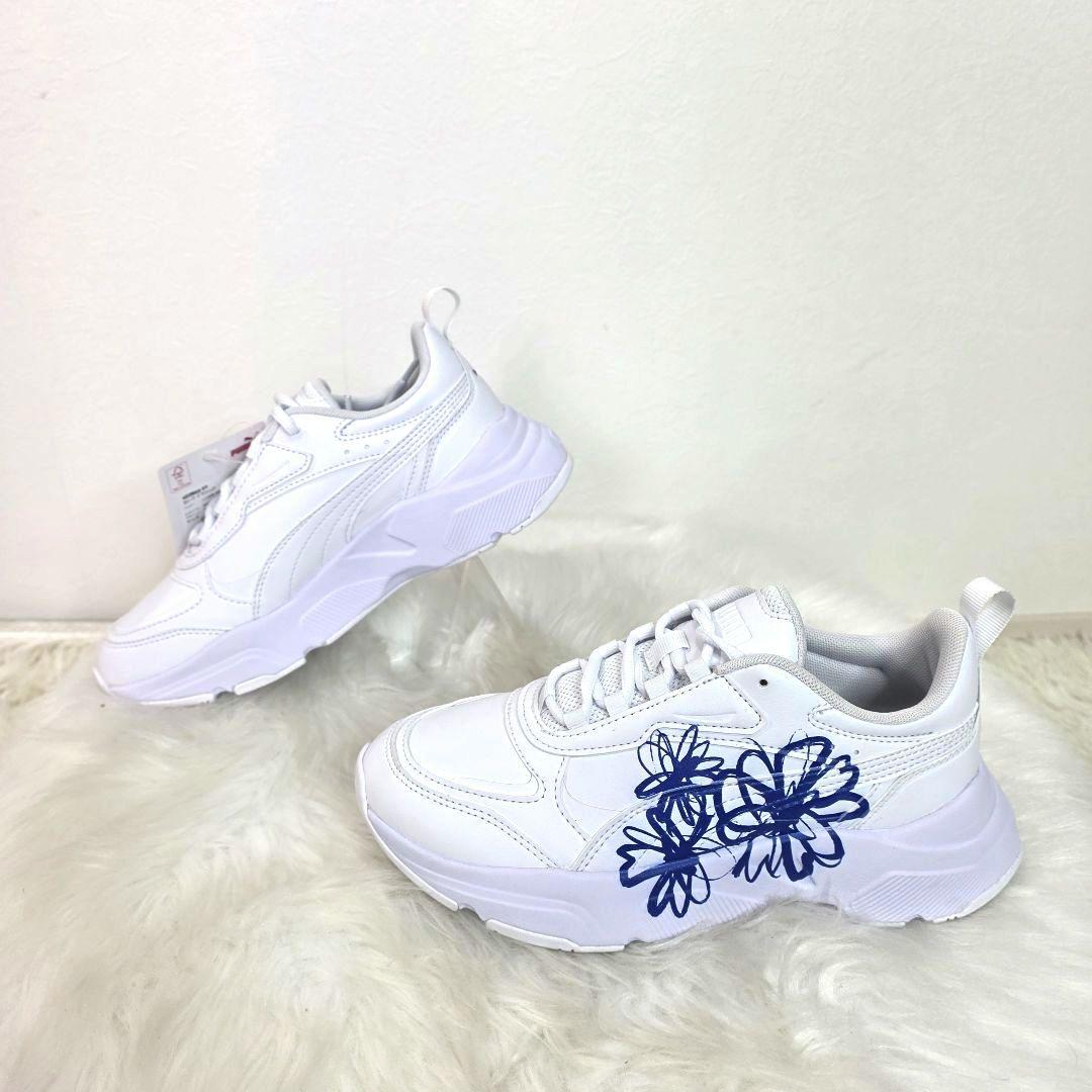 プーマ　カシーア グラフィック　ブルー　フラワ　ホワイト　厚底　スニーカー　23